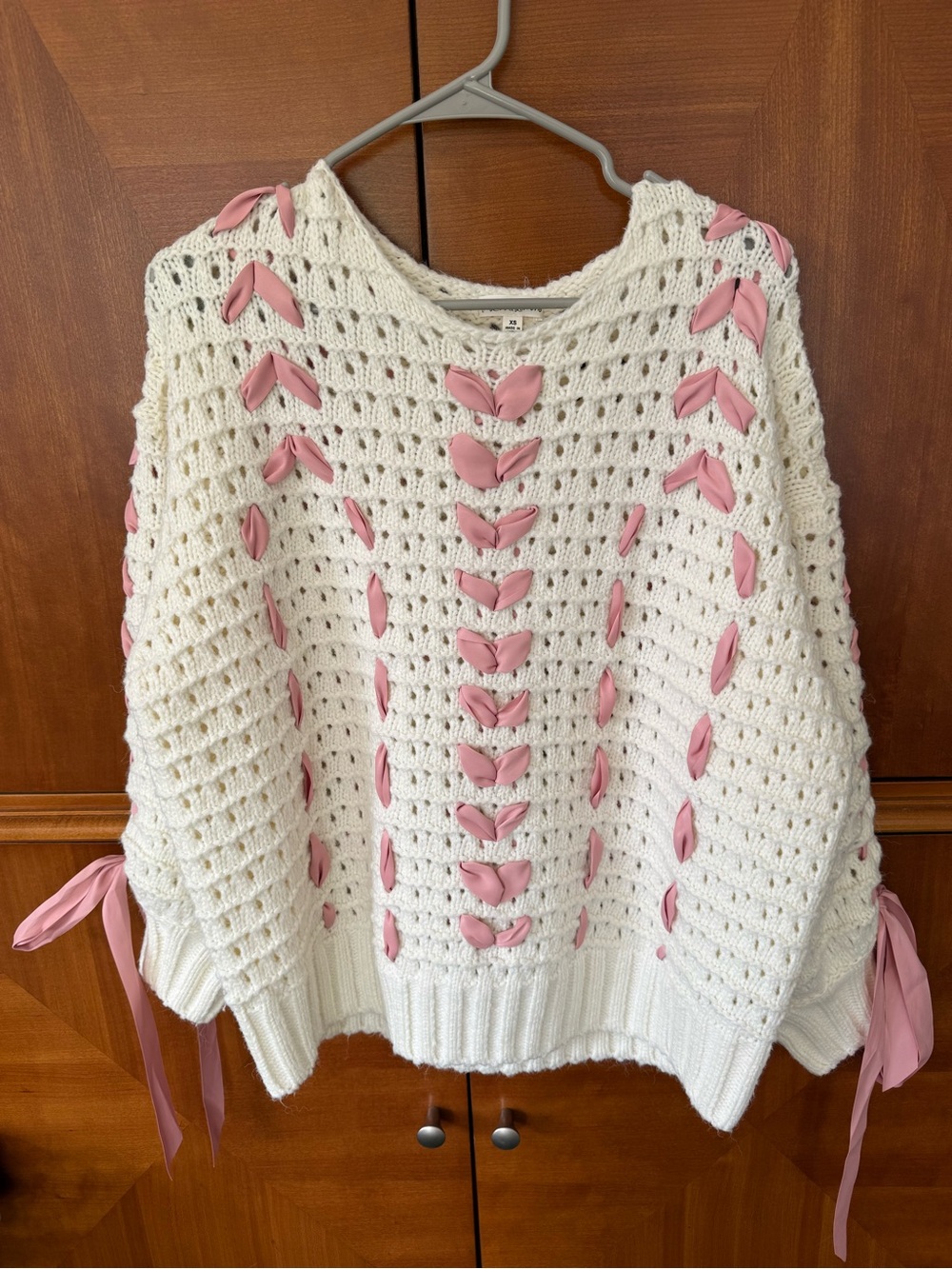 For Love and Lemons Laurel Oversized Cream and Pink Ribbon sweater